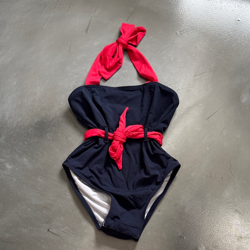 The Beaufort Bonnet Company Navy and Red Kids Swim One Piece